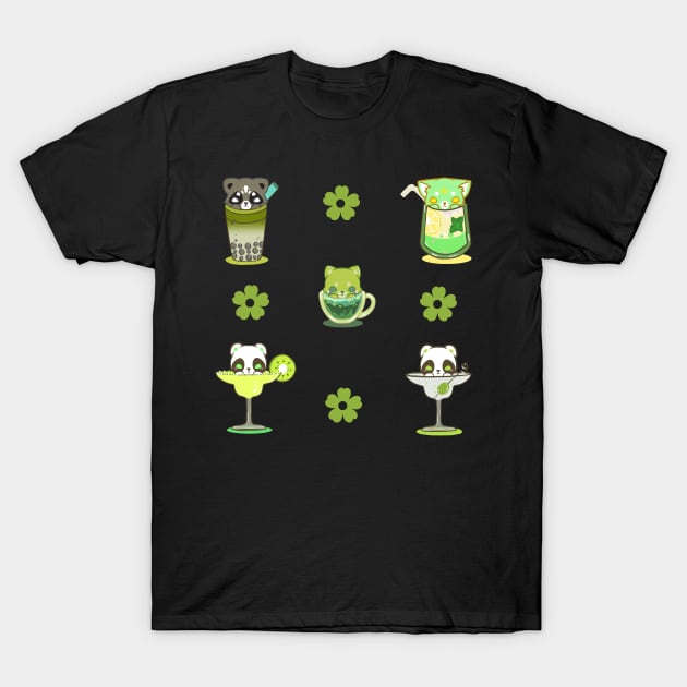 cat racoon boba tea Set Kawaii Drinks Stickers green drinks T-Shirt by astronauticarte